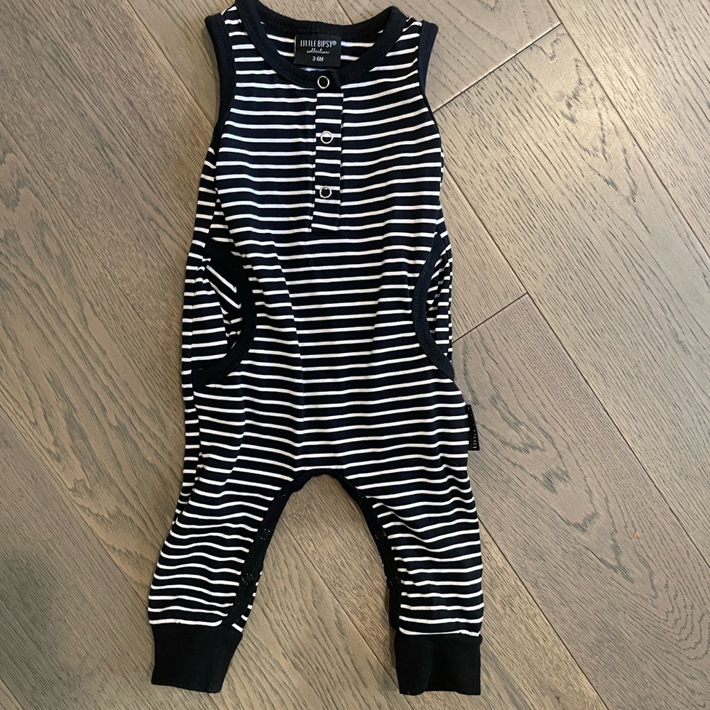 Little bipsy black and white striped henley jumpsuit tank sleeveless romper